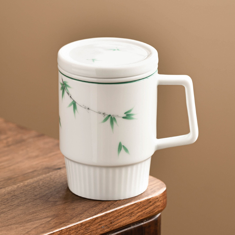 Vẽ tay tre xanh hoa văn dọc văn phòng cốc trà đơn giản tách nước trà cốc gia dụng có nắp cốc trà cốc nước