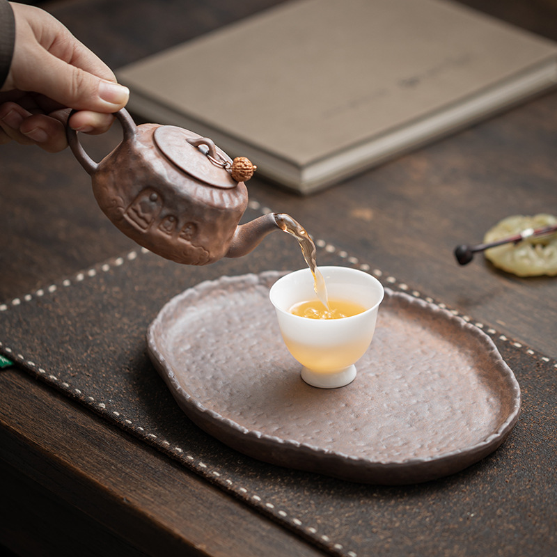 Khay trà gốm thô đất đá cũ khay xốp khô hình vuông khay trà bàn trà nhỏ gia dụng cổ điển ấm trà cầm tay bộ trà Kung Fu