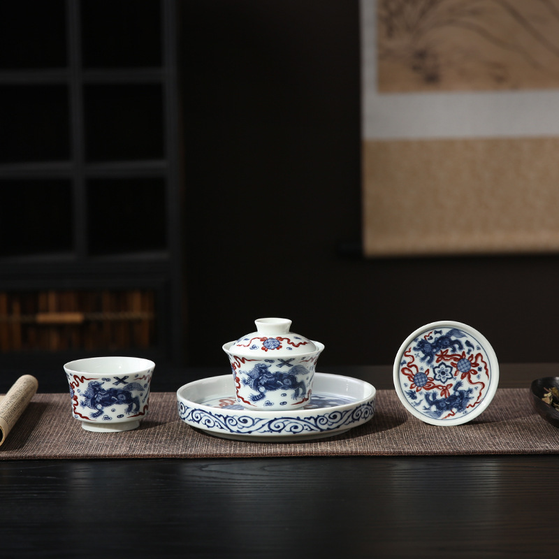 Bộ bát có nắp trà sứ trắng xanh Jingdezhen Bộ trà Kung Fu tách trà cá nhân cốc chủ nhân một người uống