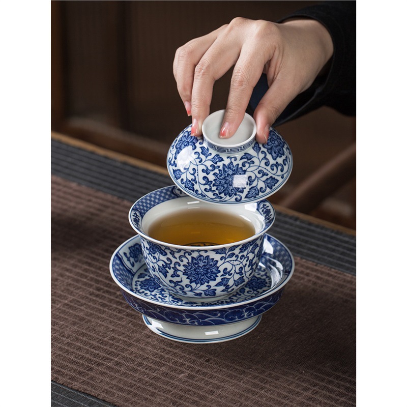 Cốc trà có nắp, bát trà tam tài đơn, bộ trà sứ trắng xanh cỡ lớn, trà Kung Fu sứ trắng