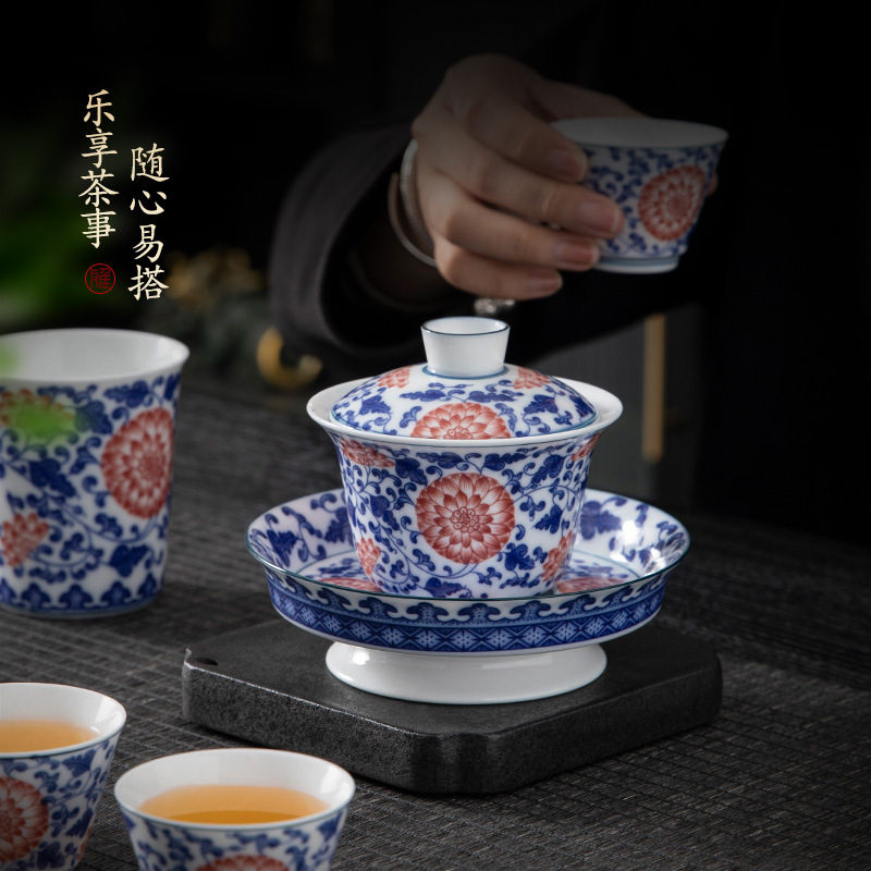 Cao cấp sang trọng nhẹ màu xanh lam sứ lớn bát có nắp ba tài cốc trà dụng cụ pha trà Kung Fu gia dụng bát trà có nắp bán buôn