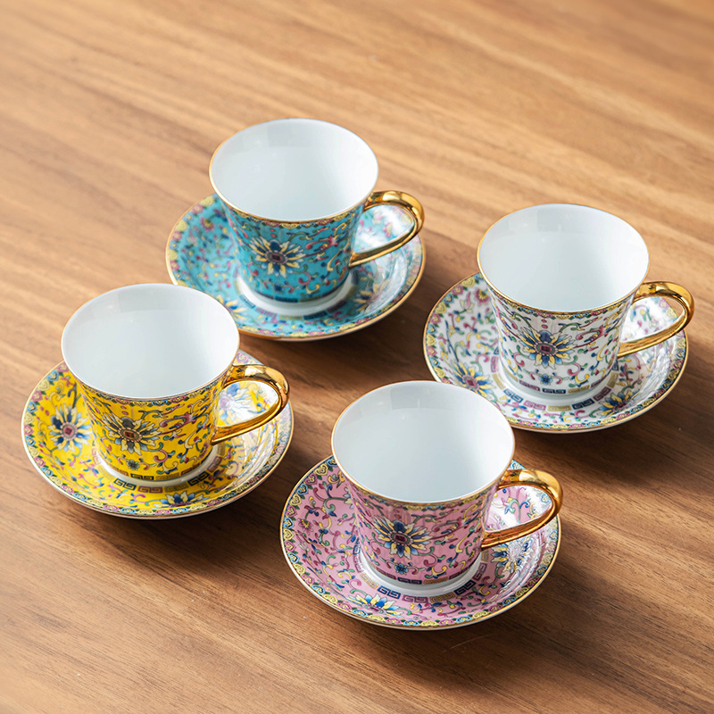 Đồ uống trà phong cách cung đình tráng men tách trà cốc cà phê cặp đôi cao cấp bằng sứ xương bộ quà tặng cốc ăn sáng cốc sữa