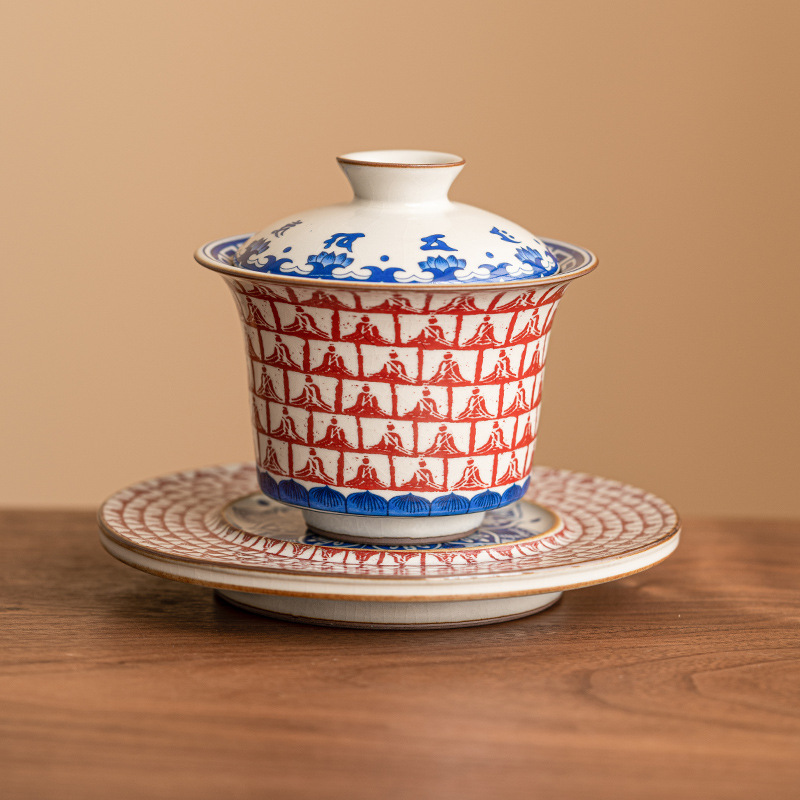 Mô phỏng lò Tống Ru sen vạn Phật tam tài Bát trà có nắp cốc trà cao cấp đơn Bộ pha trà Kung Fu gốm sứ