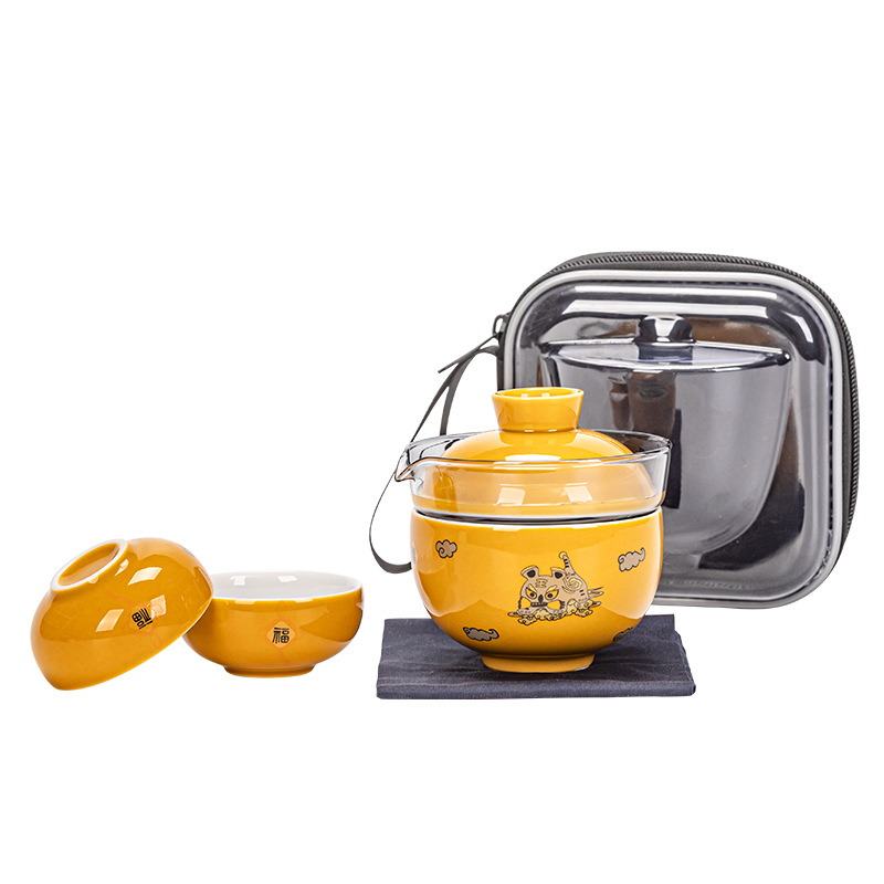 Bộ ấm trà du lịch Thủy Tinh Như Hổ thêm cánh, cốc pha trà, cốc khách nhanh bằng gốm cầm tay ngoài trời, Một Ấm một cốc Ba cốc