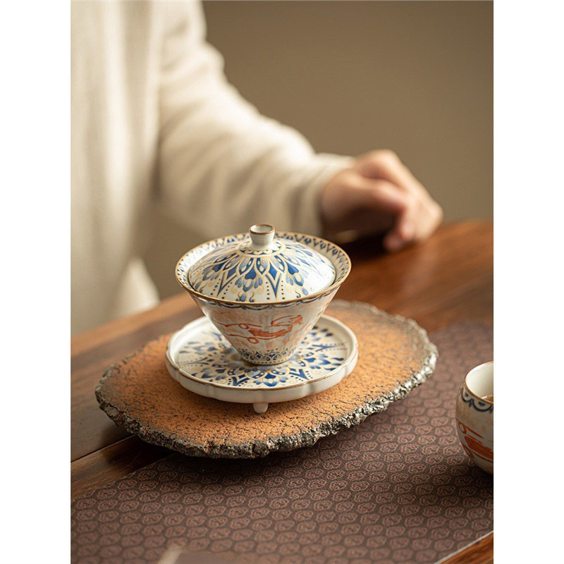 Mô phỏng lò Song Ru Đôn Hoàng đội mũ bay tam tài bộ trà kungfu gia dụng chống bỏng bát trà gốm sứ dung tích lớn