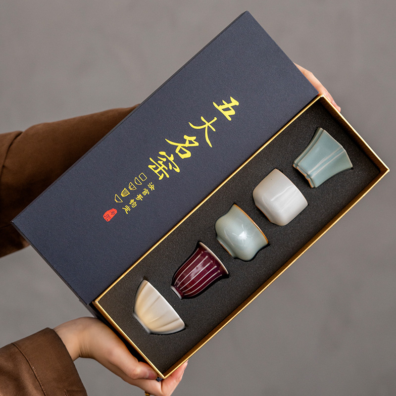 Năm bộ tách trà lò nung nổi tiếng Cốc chủ lò Ru Cốc đơn Mở lát có thể nâng cao gốm sứ Cốc trà Kung Fu Cốc trà