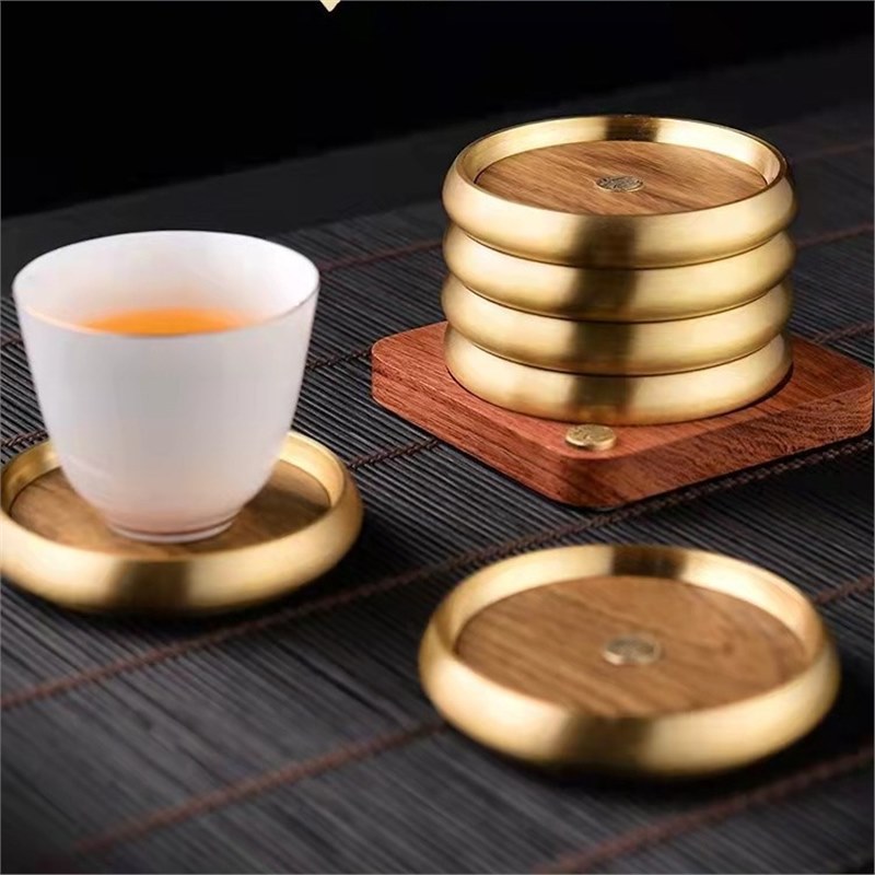 Lót tách trà gỗ rắn bằng đồng nguyên chất Phụ kiện bộ trà Kung Fu Lót cách nhiệt Cốc trà Lót cốc có viền bằng đồng cao cấp sáng tạo