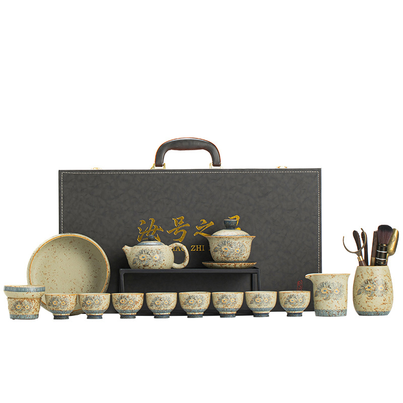 Bộ ấm trà đá núi lửa trắng xanh cao cấp, ấm trà gốm sứ gia dụng, cốc trà, bộ trà trọn bộ, quà tặng