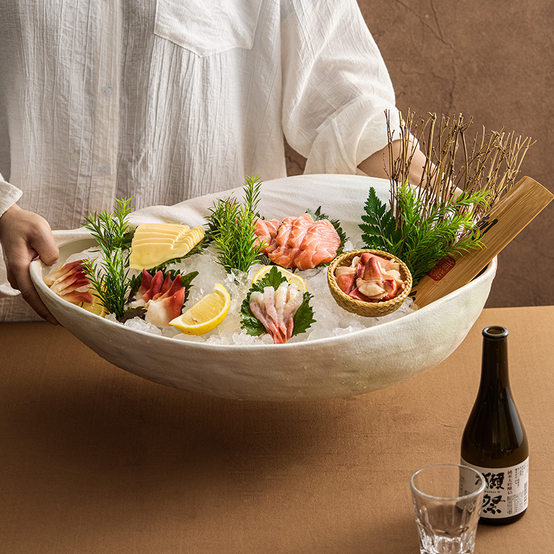 Đĩa đá gốm, đĩa cá hồi, đĩa sashimi, bộ đồ ăn nhà hàng khách sạn cao cấp, đĩa tự chọn hải sản