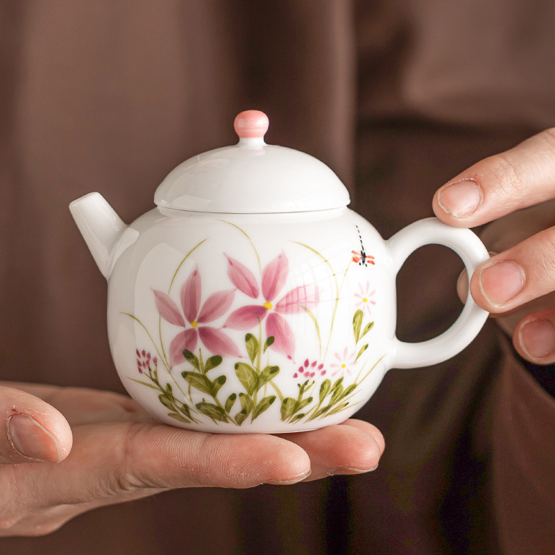 Ấm trà nhỏ bằng gốm sứ tinh tế, ấm trà gia dụng có giá trị cao, ấm trà đơn lọc chuồn chuồn hoa cúc vẽ tay, bộ trà Kung Fu đơn