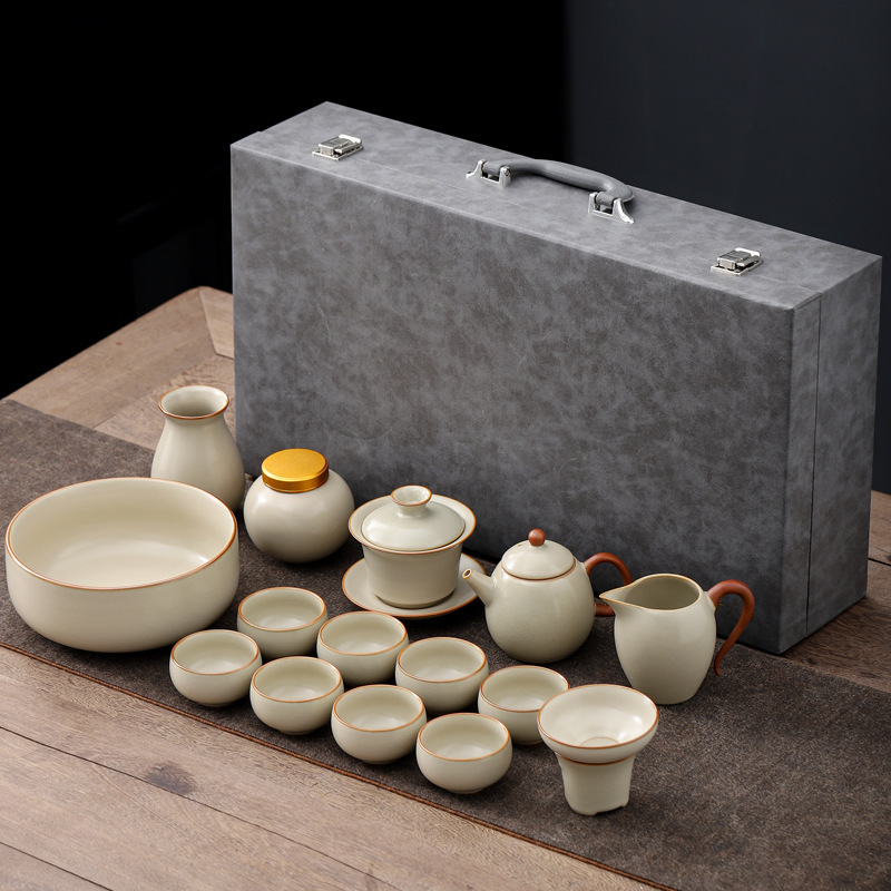 Bộ ấm trà Kung Fu Ru Kiln Bộ ấm trà Bộ đầy đủ bộ quà tặng văn hóa và sáng tạo cao cấp Bộ quà tặng doanh nghiệp