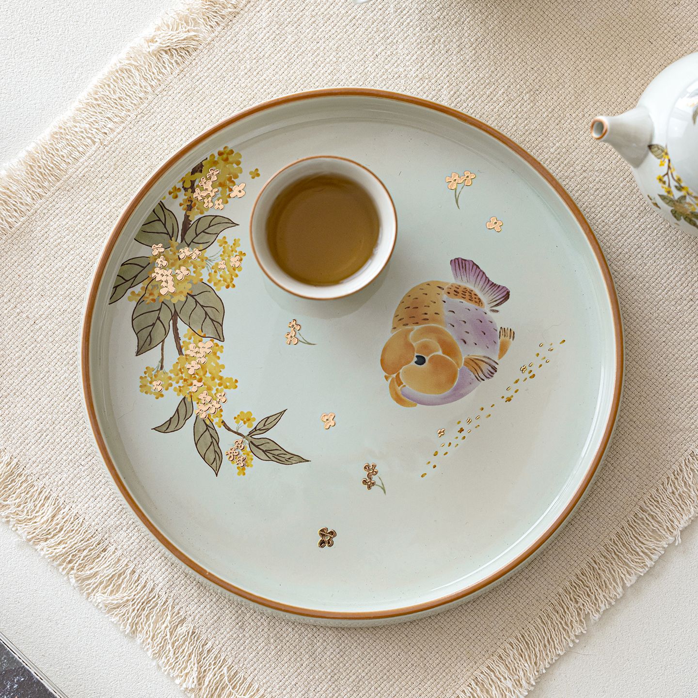 Khay pha khô cá osmanthus vàng xám thực vật phong cách dân tộc khay trà hình tròn gốm sứ gia dụng khay trái cây kiểu Trung Quốc phụ kiện bộ trà Kung Fu