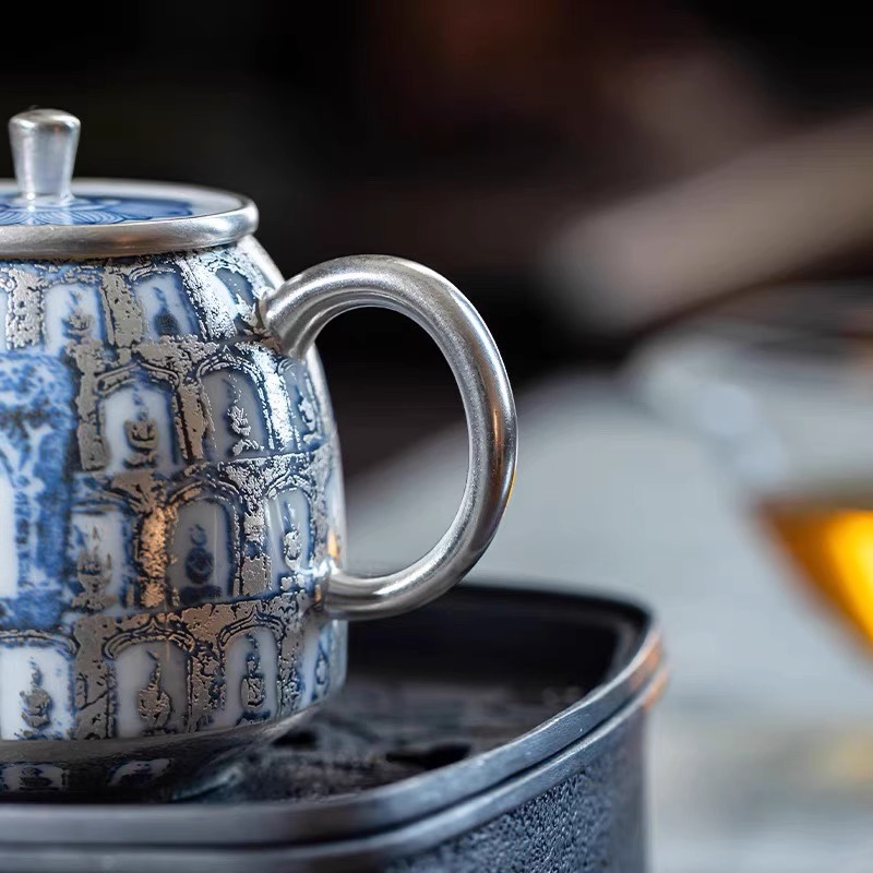 Bong bóng sứ Bộ trà bạc He Fu Sen Ấm trà bạc Jingdezhen Gốm sứ cao cấp làm bằng tay Hộp quà tặng
