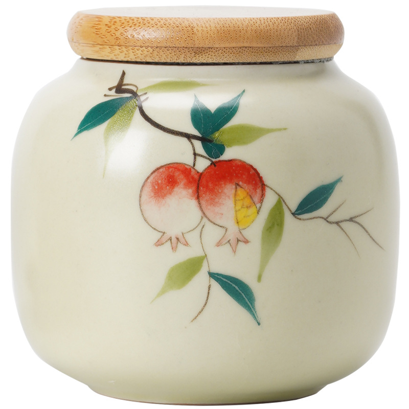 Nồi trà lựu vẽ tay Ru Kiln, bình kín cầm tay chống ẩm nhỏ, bình đựng trà nắp tre gia dụng, kho trà gốm sứ