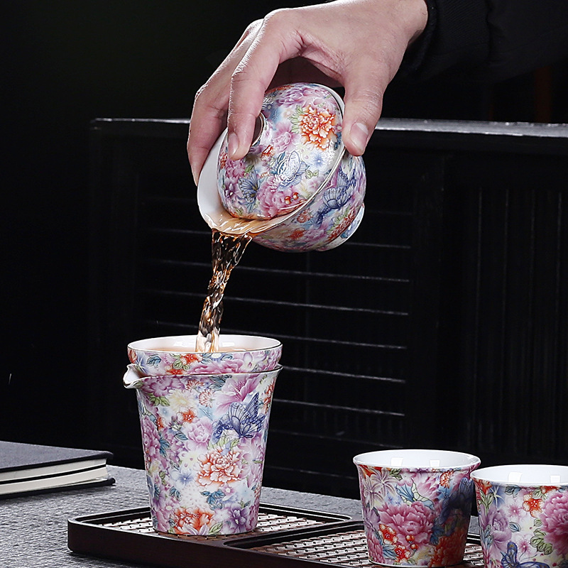 Bộ ấm trà hoa nướng tráng men bộ ấm trà cao cấp sang trọng nhẹ hoa cốc trà bộ trà mới 2024