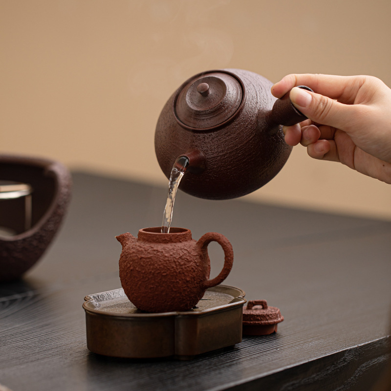 Bộ trà nồi nấu rượu màu đỏ nâu bùn đá cũ Bộ trà ấm ấm áp ấm trà Kung Fu