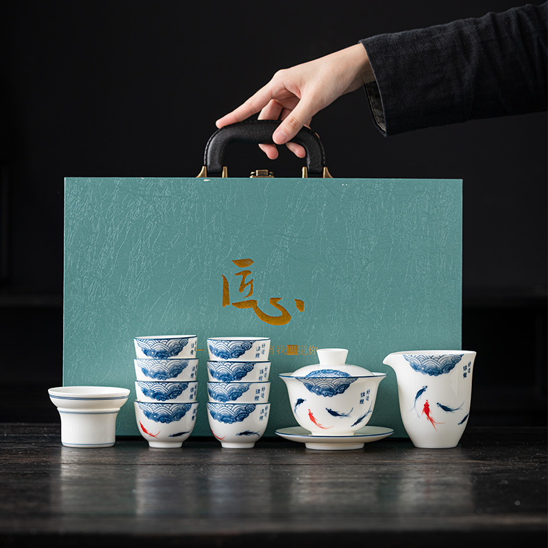 Vẽ tay ngọc bích mỡ cừu treo Nắp bát trà cốc gia dụng phòng khách văn phòng gốm sứ Kung Fu Bộ hộp quà