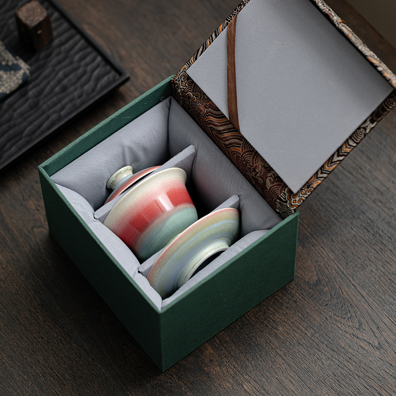 Bát có nắp Sancai Pinellia, bát pha trà gốm sứ biến đổi lò nung cực quang, cốc trà có nắp, bát cầm tay gia dụng, dụng cụ pha trà đơn