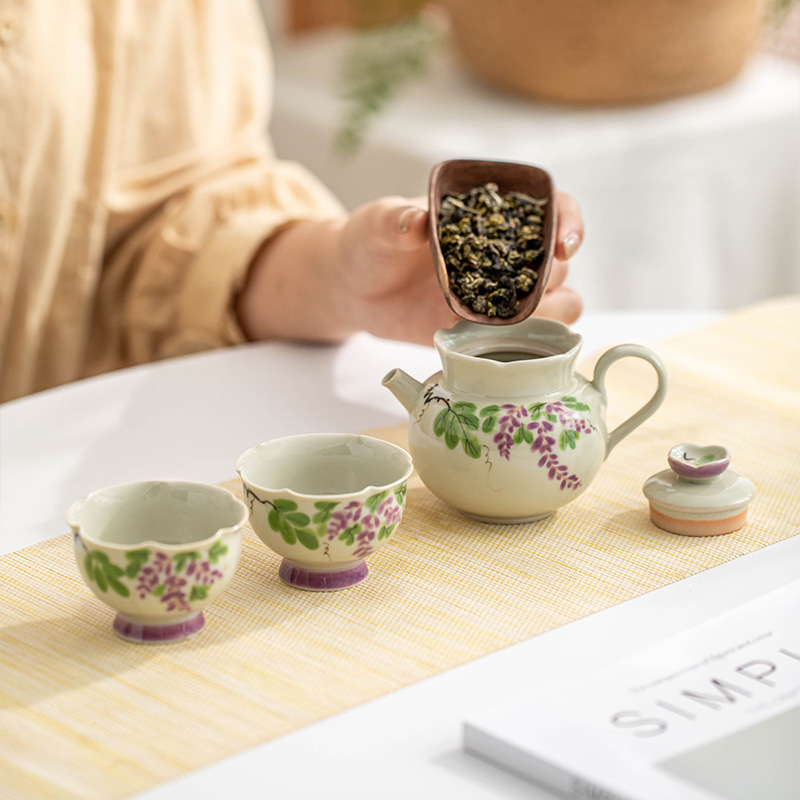 Bộ ấm trà Kung Fu nho vẽ tay bộ ấm trà gia dụng màu men xám thực vật bộ túi đựng đồ du lịch
