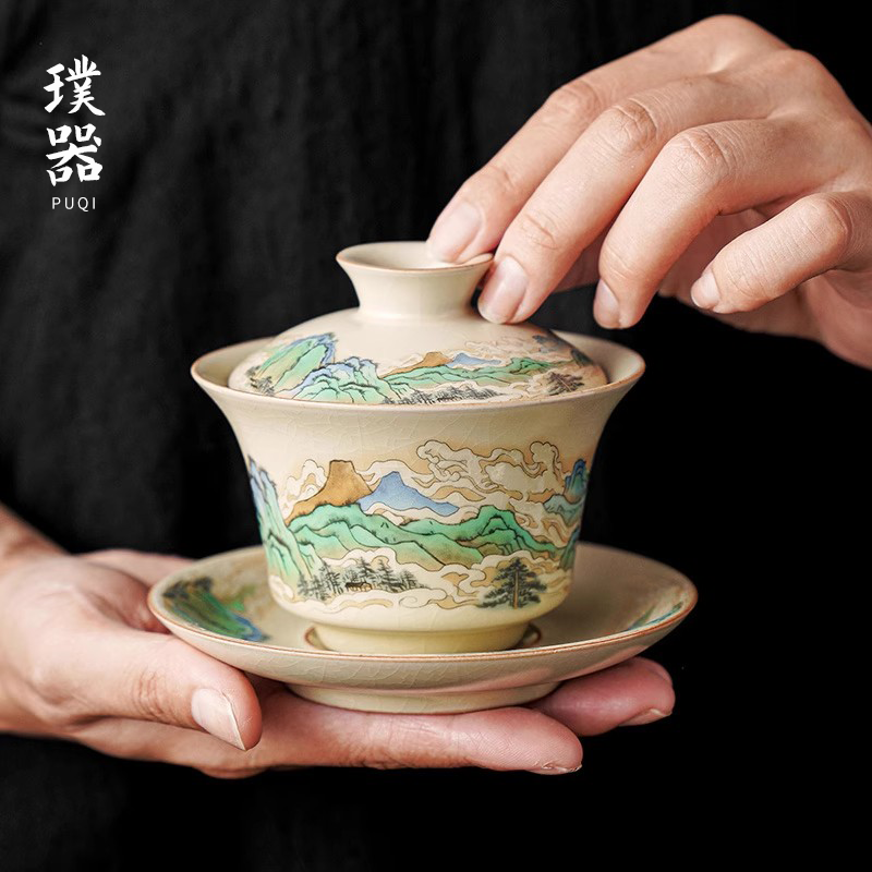 Bộ cốc trà có nắp đậy bằng gốm Sứ Kung Fu cỡ lớn kiểu Trung Quốc