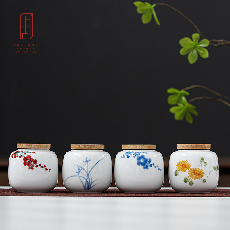 Hộp đựng trà vẽ tay, hộp gốm, hộp đựng trà nhỏ mini sáng tạo, hộp đựng đồ sứ trắng, hộp kín, bao bì trà