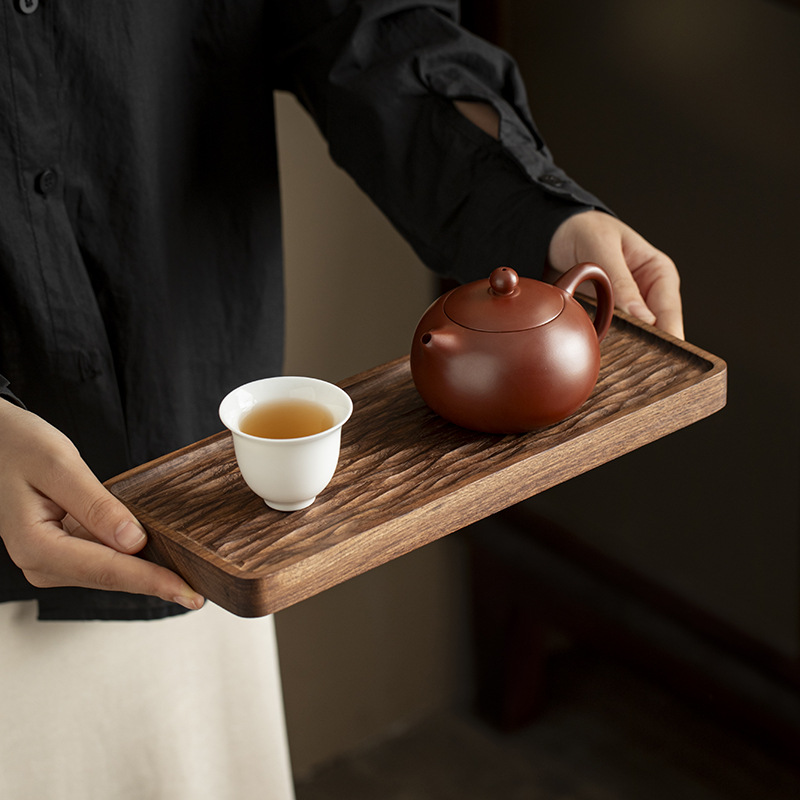 Khay trà gỗ nguyên khối kiểu Trung Quốc, khay pha khô kiểu Nhật đơn giản, bàn trà nhỏ, bộ trà Kung Fu hiện đại gỗ óc chó đen