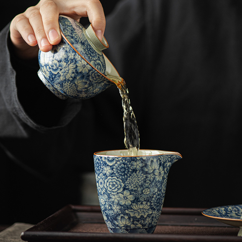 Bát có nắp sứ trắng xanh, cốc trà, bộ bát có nắp ba chỉ mở đơn, bát trà Kung Fu gia dụng có nắp, gốm sứ không nóng