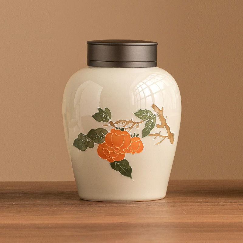 Vẽ tay hồng hồng mơ hợp kim nắp gốm sứ bộ trà bình đựng trà bình đựng trà dung tích lớn bình kín chống ẩm bình rỗng