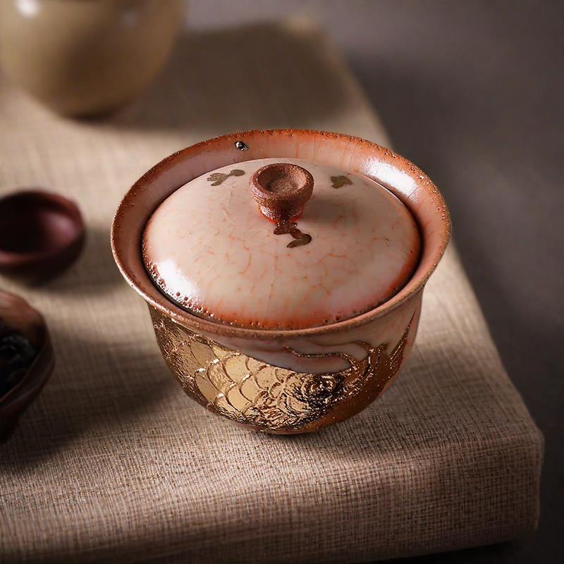 Bát mở nắp mỏ đá Shiyaki, bát pha trà gốm thô Ercai Nhật Bản thủ công Shiano, cá rồng vẽ gia dụng sáng tạo