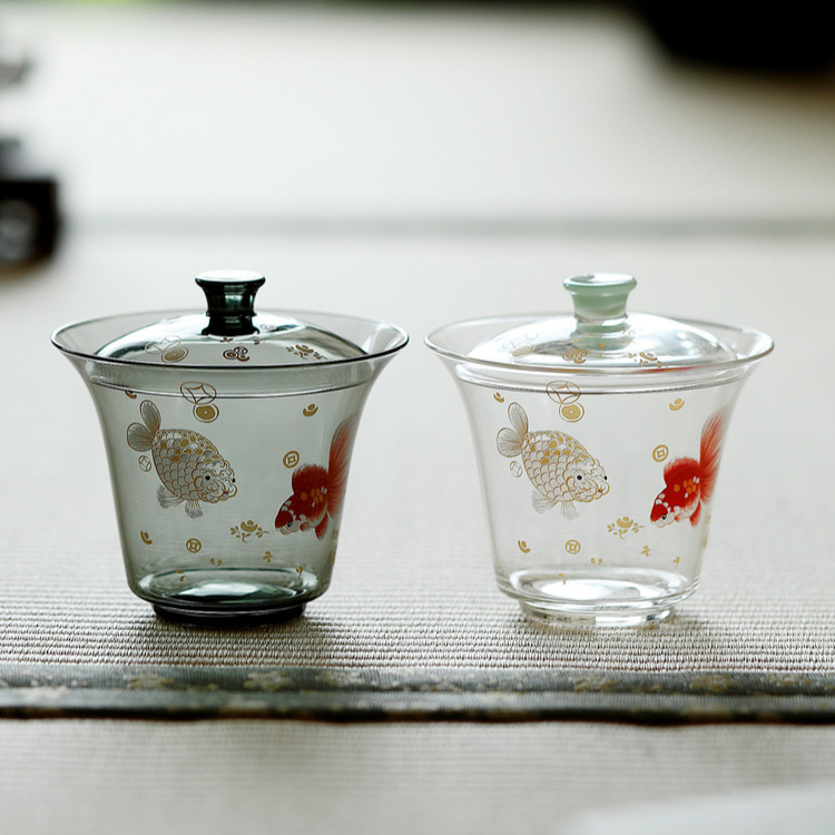 Bộ ấm chén trà Kung Fu bằng thủy tinh borosilicat cao cấp, họa tiết cá thủ công, tô trà xanh.