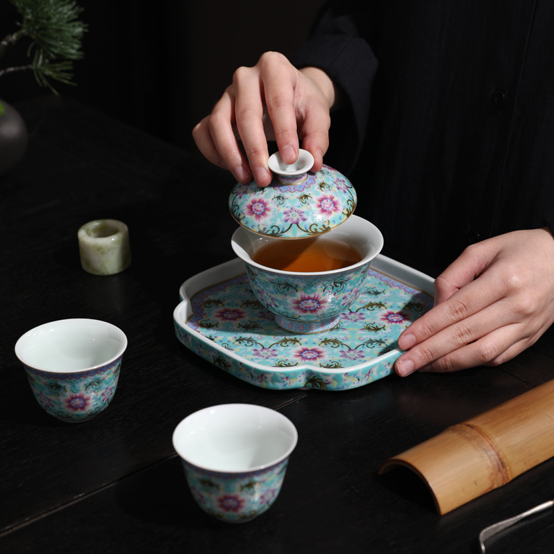Bộ ấm chén trà gốm sứ cao cấp kiểu cung đình Sancai, bộ ba món, kiểu gaiwan
