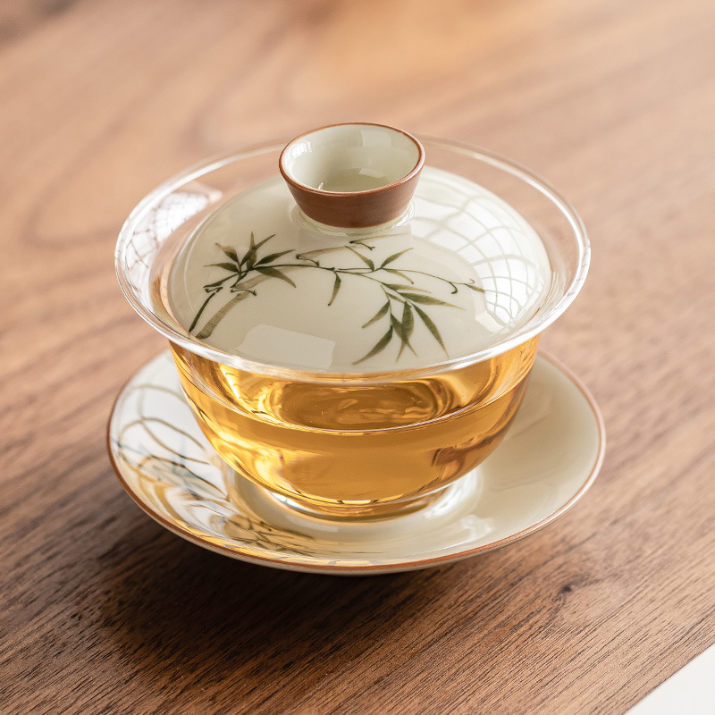 Bát trà bằng tre xanh ngọc bích vẽ tay có nắp, bát pha trà Kung Fu gia dụng, bộ trà thủy tinh không nóng, bát có nắp ba tài gốm sứ