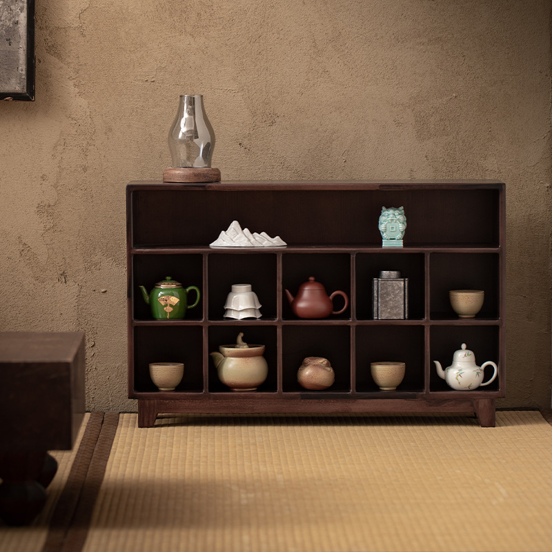 Máy tính để bàn bằng gỗ nguyên khối kiểu Trung Quốc, hộp đựng đồ đựng cốc trà, giá đựng trà Bogu, tủ trưng bày gỗ óc chó đen treo tường