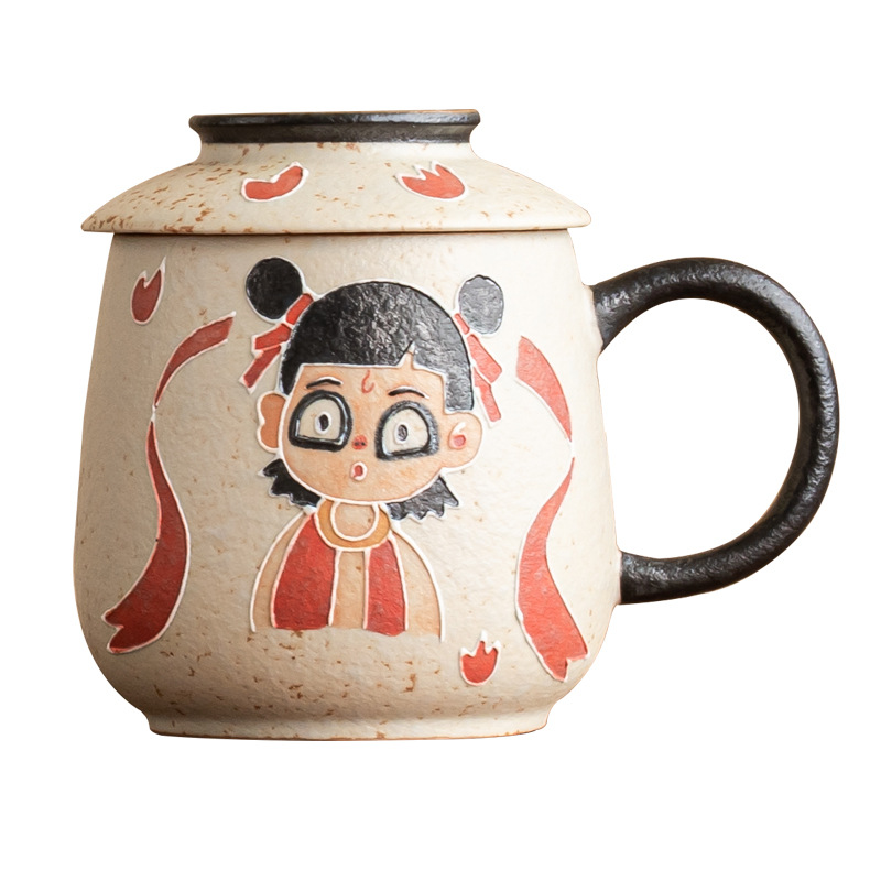 Cốc văn phòng Nezha đỏ đá lửa trắng xanh cốc chuyên dụng cá nhân cao cấp cốc pha trà gốm sứ cốc có nắp cốc nước