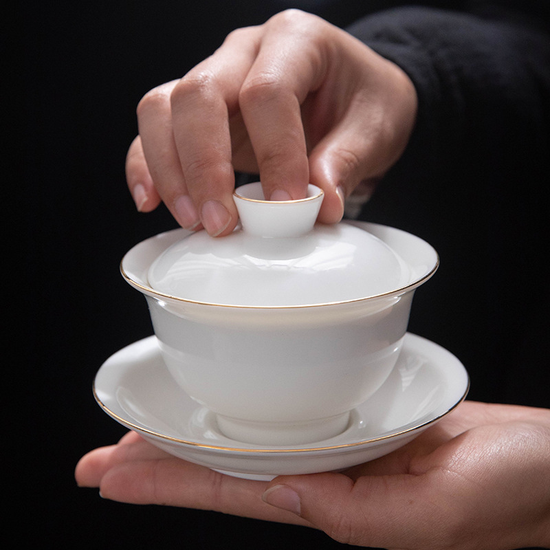 Bộ bát chén sứ trắng Đức Hoa, chất liệu ngọc béo, kiểu dáng ba tài, bát đơn, bộ ấm chén trà Kung Fu gia dụng, bán buôn.