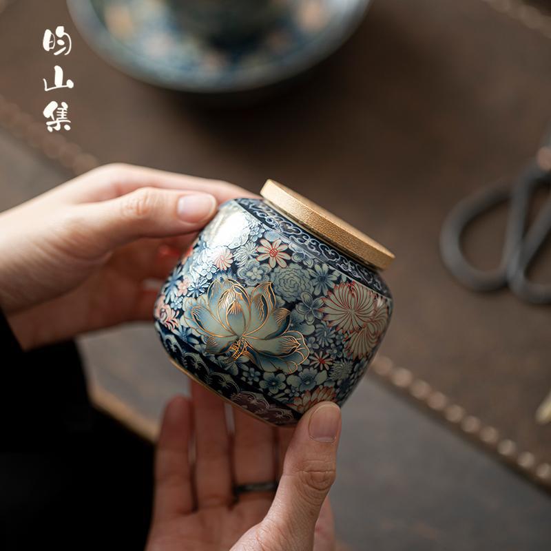 Hộp đựng trà Ru Kiln gia dụng Nhỏ Pu'er Bình kín di động ngoài trời Hộp đựng trà gốm sứ cổ điển cao cấp.