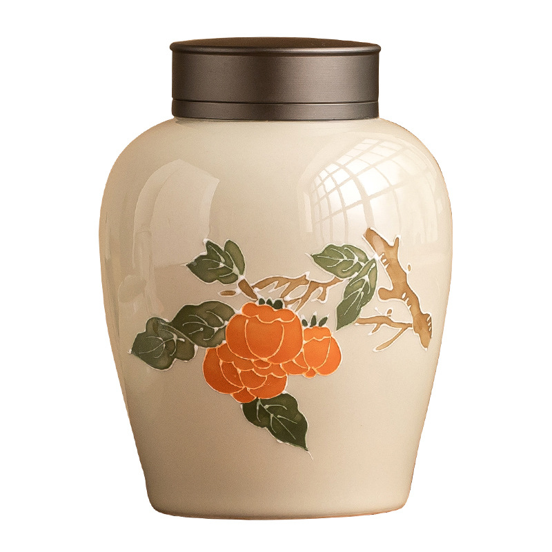 Vẽ tay hồng hồng mơ hợp kim nắp gốm sứ bộ trà bình đựng trà bình đựng trà dung tích lớn bình kín chống ẩm bình rỗng