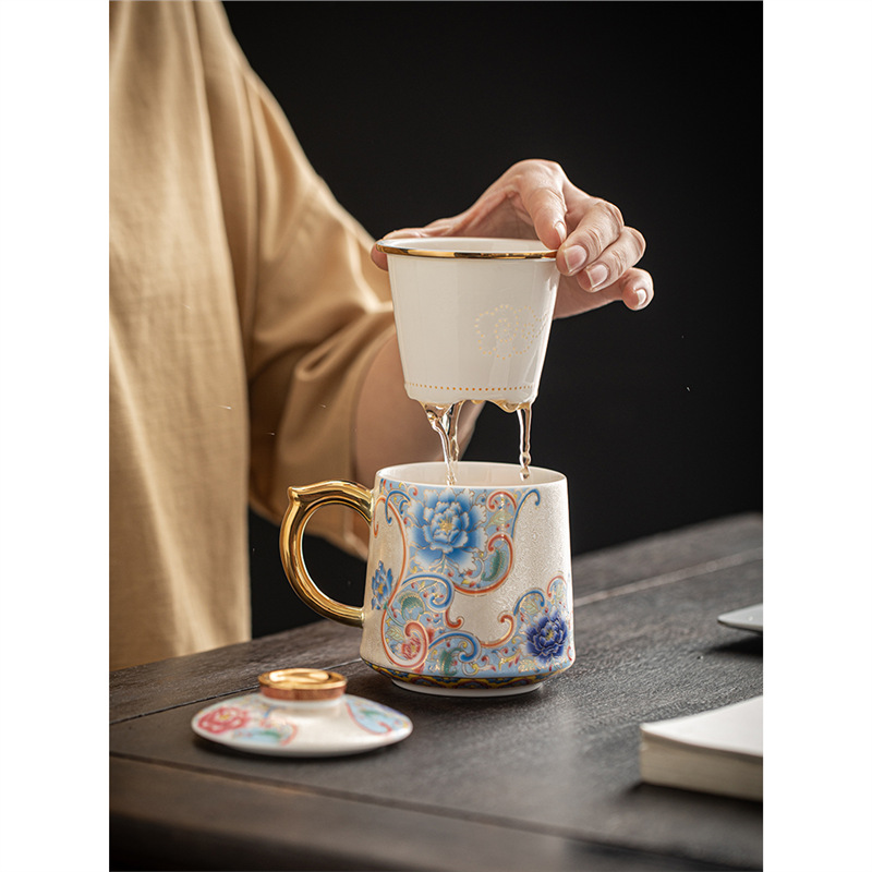 Cốc pha trà tráng men cloisonné bạc nguyên chất cao cấp tách trà gốm sứ chuyên dụng có nắp cốc văn phòng