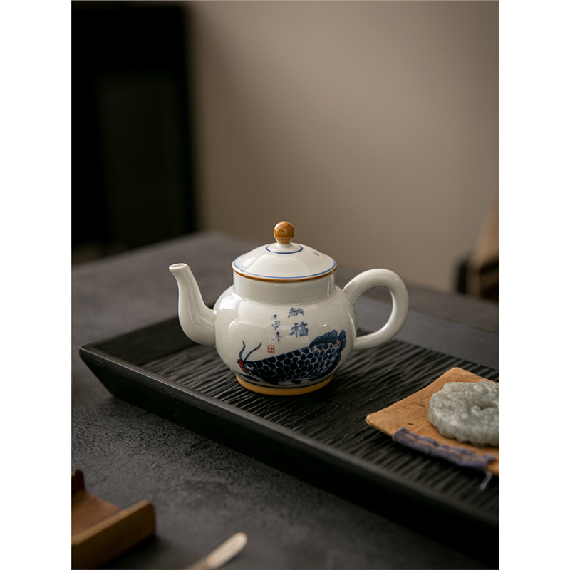 Ấm trà cá rồng xanh trắng ấm trà Kung Fu cỡ lớn gia dụng ấm trà lọc gốm sứ ấm trà đơn trà cổ điển