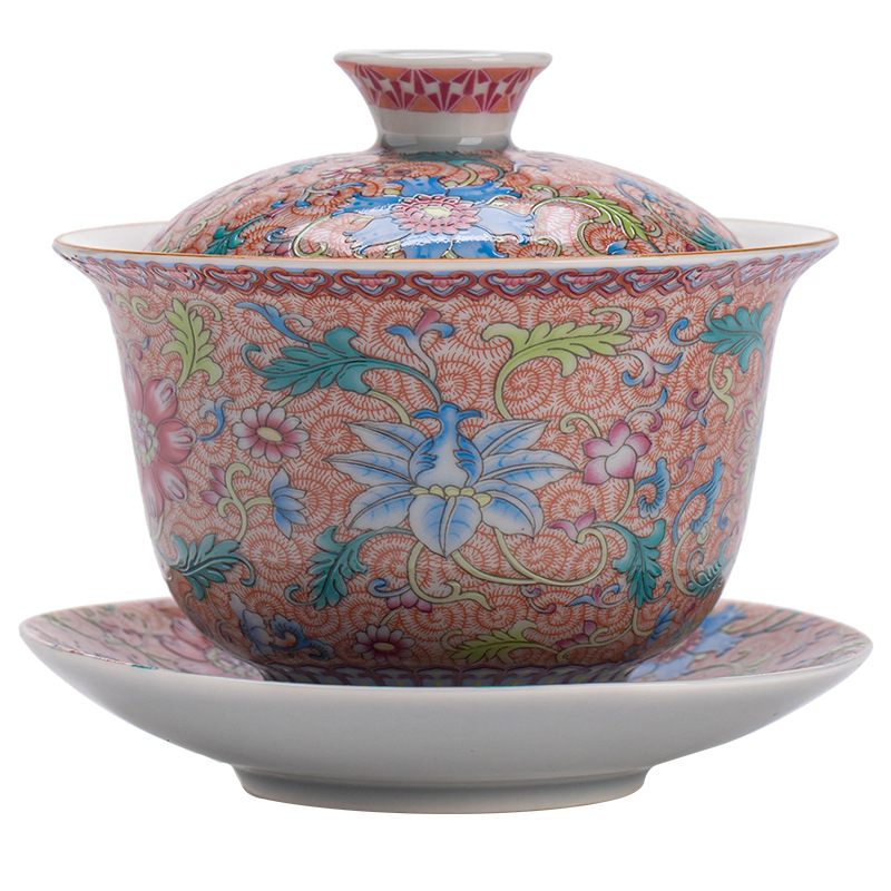 Bát có nắp tam tài hoa tráng men, bát pha trà gốm sứ kiểu Trung Quốc, cốc chủ, cốc trà, cốc công bằng, dụng cụ trà Kung Fu gia dụng