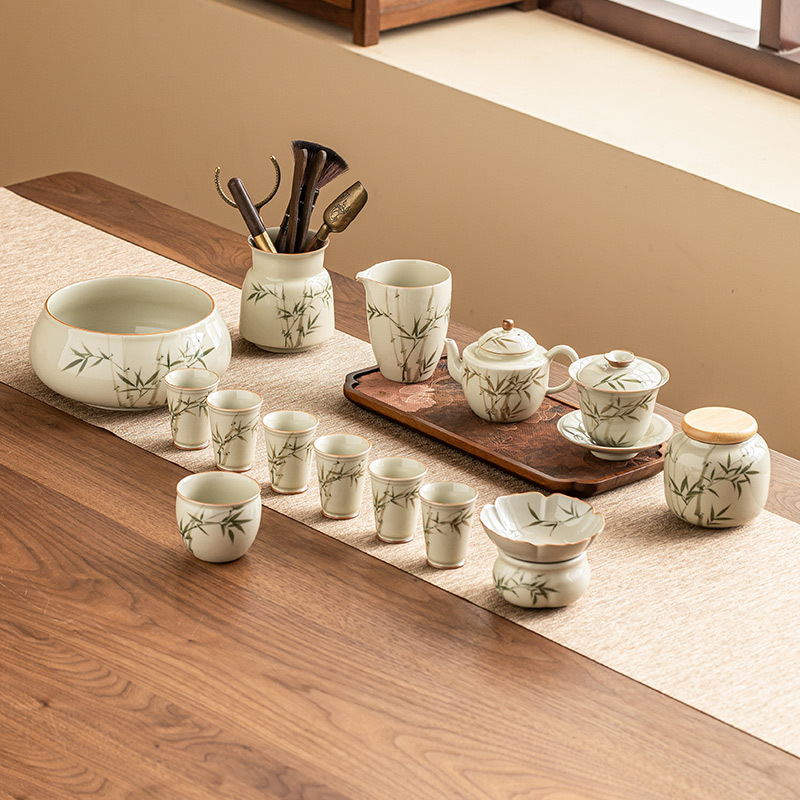 Bộ ấm trà bằng tre xanh ngọc bích vẽ tay bộ ấm trà Kung Fu gốm sứ cao cấp sang trọng nhẹ gia dụng