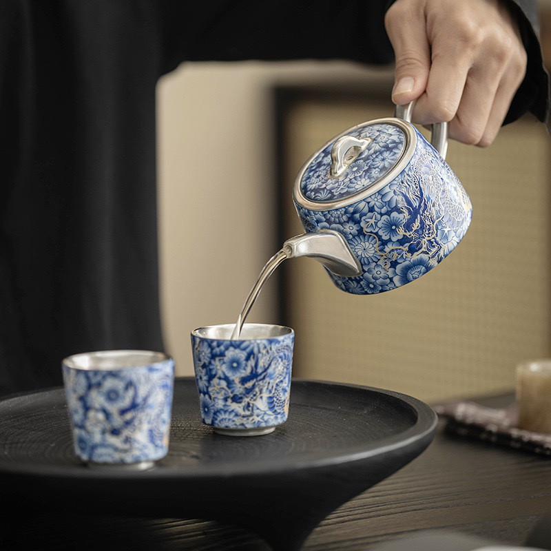Bộ ấm trà bạc rồng phượng cao cấp bộ trà bạc mạ bạc thủ công quà tặng tay bộ trà Kung Fu cầm tay hộp quà tách trà