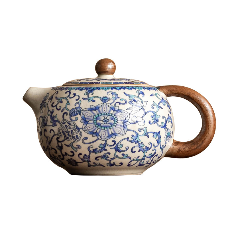 Ấm trà gốm sứ ấm trà ấm trà gia dụng Ru lò trắng xanh quấn cành sen Xi Shi bộ trà cao cấp kiểu Trung Quốc ấm trà cầm tay