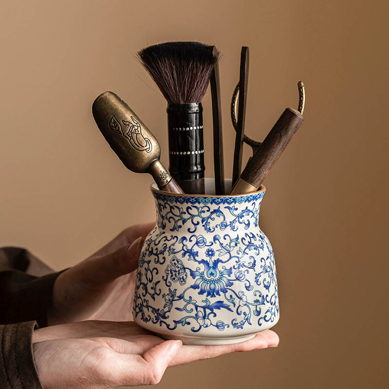 Trà đạo gốm sứ sáu quý nhân Ru lò trắng xanh bộ trà cành sen phụ kiện rửa trà gia dụng dụng cụ pha trà trọn bộ rửa bút