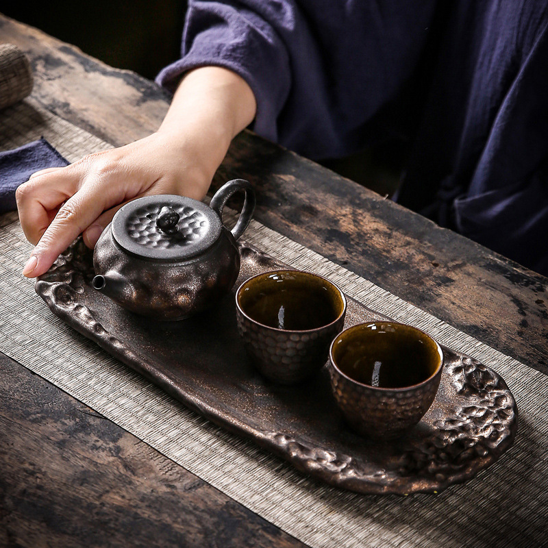 Khay pha khô Mufang Khay trà nhỏ tráng men sắt mạ vàng kiểu Nhật, bàn trà pha khô gốm nhỏ hai người dùng gia dụng cổ điển