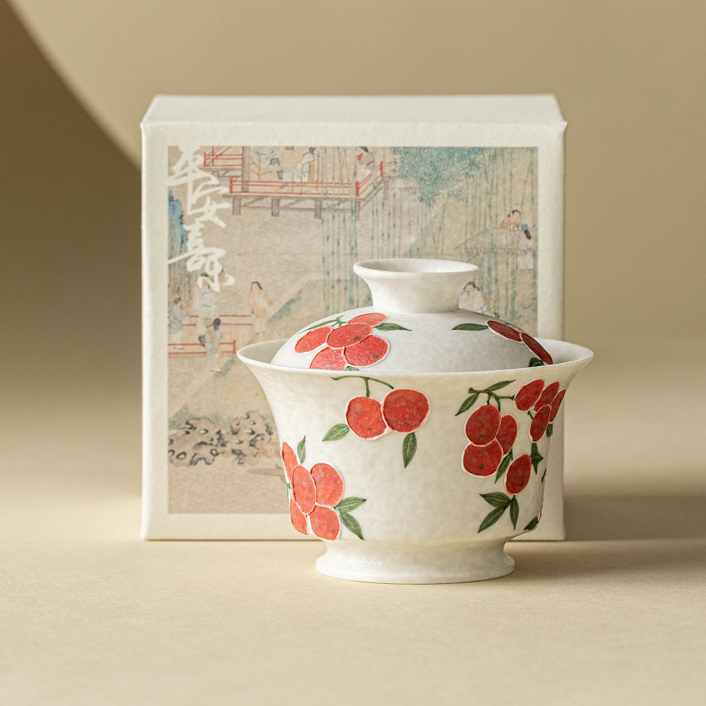 Bộ ấm chén trà gốm sứ Kung Fu màu trắng đá khoáng, họa tiết anh đào chạm khắc thủ công, chén trà gaiwan, một chiếc