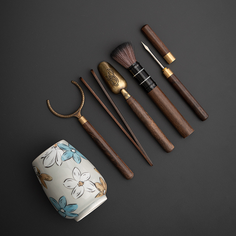 Bộ sáu quý ông trà đạo hoa Băng xám phụ kiện Bộ trà Kungfu dao trà gỗ Đàn hương đen kẹp trà ống trà hoa anh đào gốm sứ