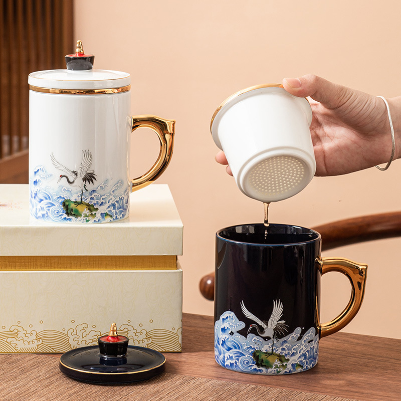 Cốc văn phòng gốm sứ Guochao tách trà tách trà có nắp lọc pha trà cốc nước phong cách cung điện tùy chỉnh Quà Tặng