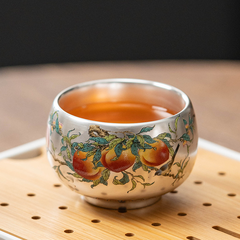 Zhou Hongjie Nine Peach Five Blessings Ấm trà khảm bạc với một nồi và hai cốc Bộ trà Kung Fu công suất lớn cao cấp.