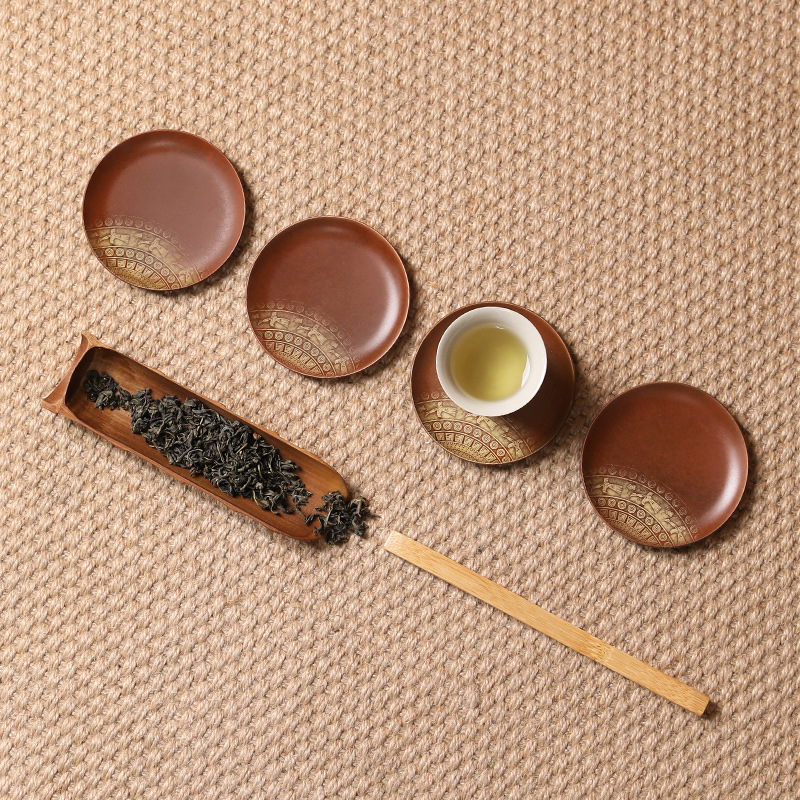Lót cốc tròn nung màu đồng Da'antang, khay đựng trà, khay đựng cốc, Bộ trà hình vuông bằng đồng đỏ, đệm cách nhiệt trà đạo